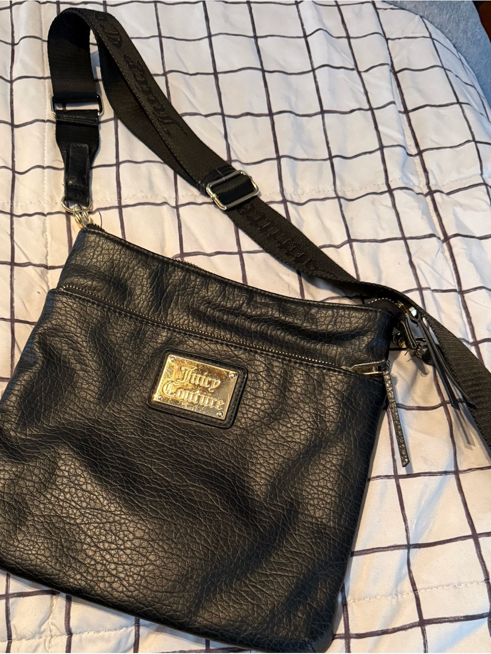Juicy Couture Black Leather Crossbody with Gold Plaque Accent